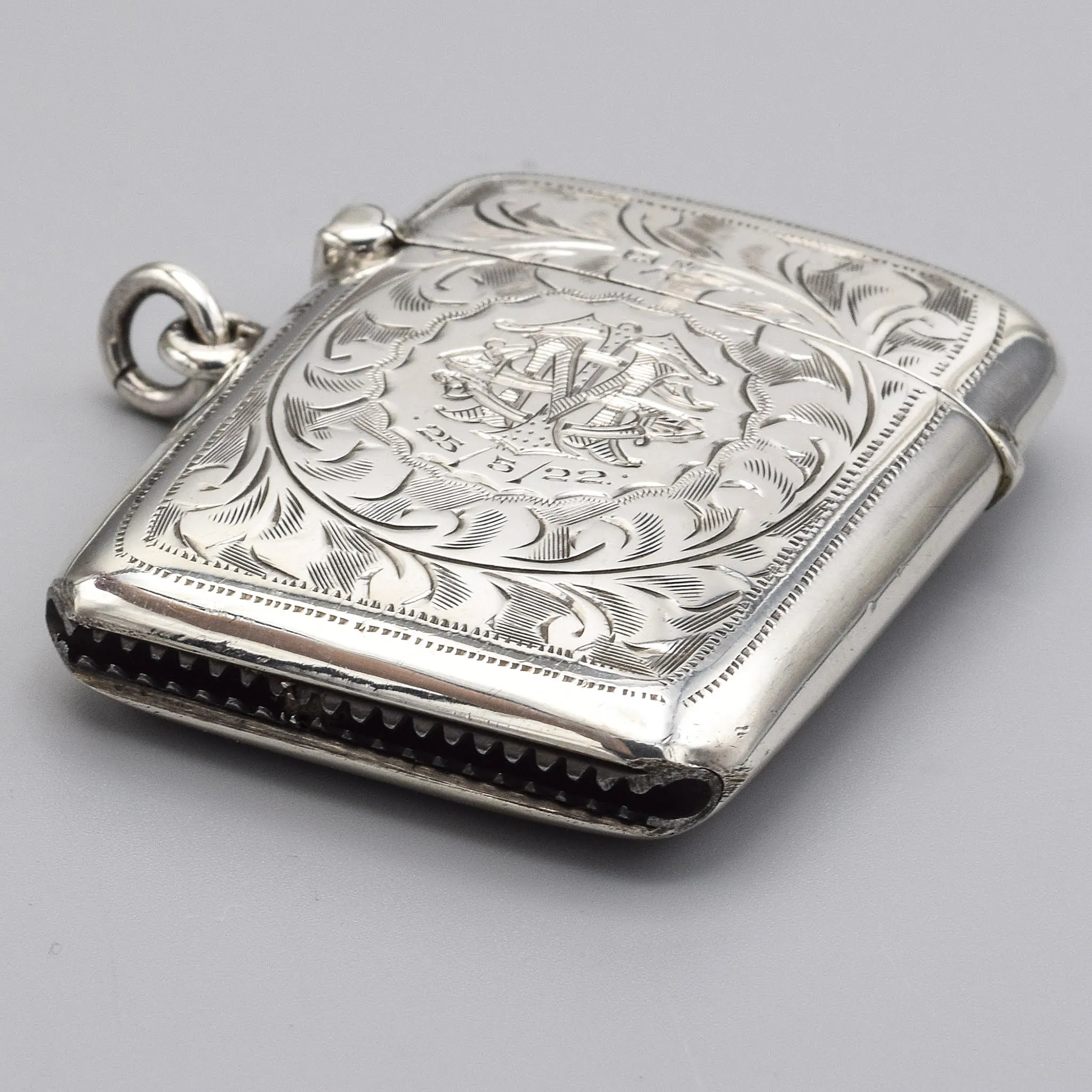 Antique Sterling Silver Etched Match Box Case Holder