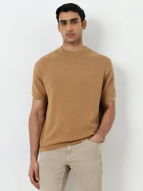 Ascot Tan Self-Textured Relaxed-Fit Cotton T-Shirt