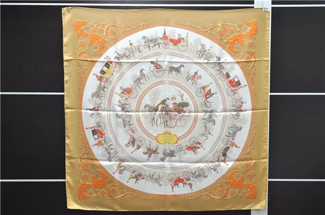 Auth HERMES Carre 90 Scarf "LA PROMENADE DE LONGCHAMPS" Silk Brown Box 9517D