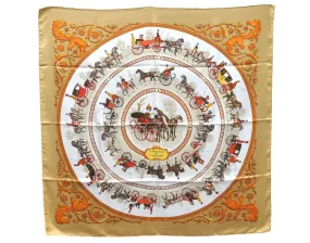 Auth HERMES Carre 90 Scarf "LA PROMENADE DE LONGCHAMPS" Silk Brown Box 9517D