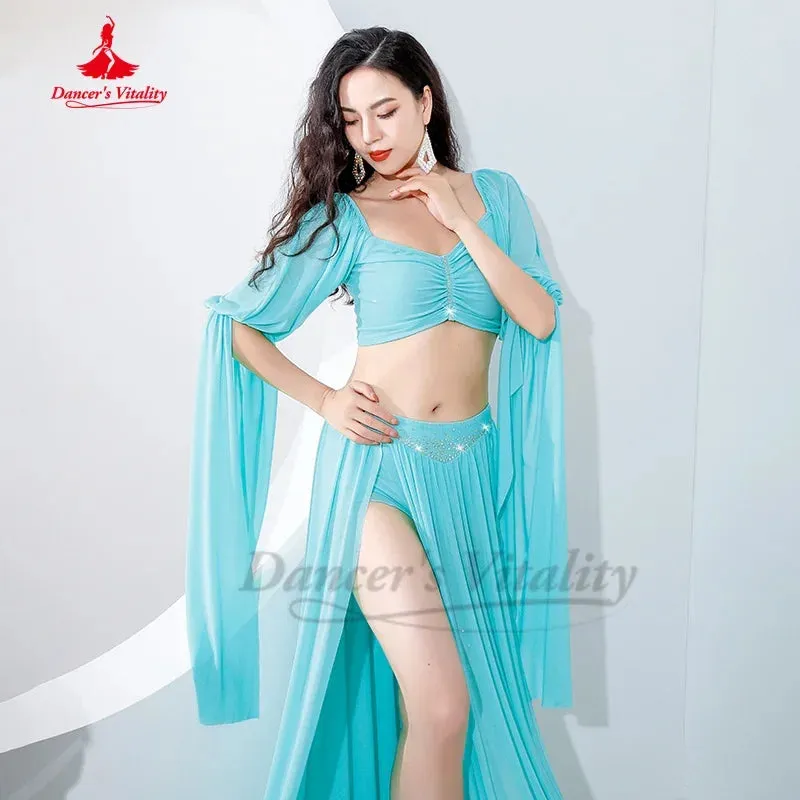 Belly Dance Costume Women Gauze Long Sleeves Top sexy Split Long Skirt 2pcs Oriental Training Suit Girl's Belly Dancing Outfit