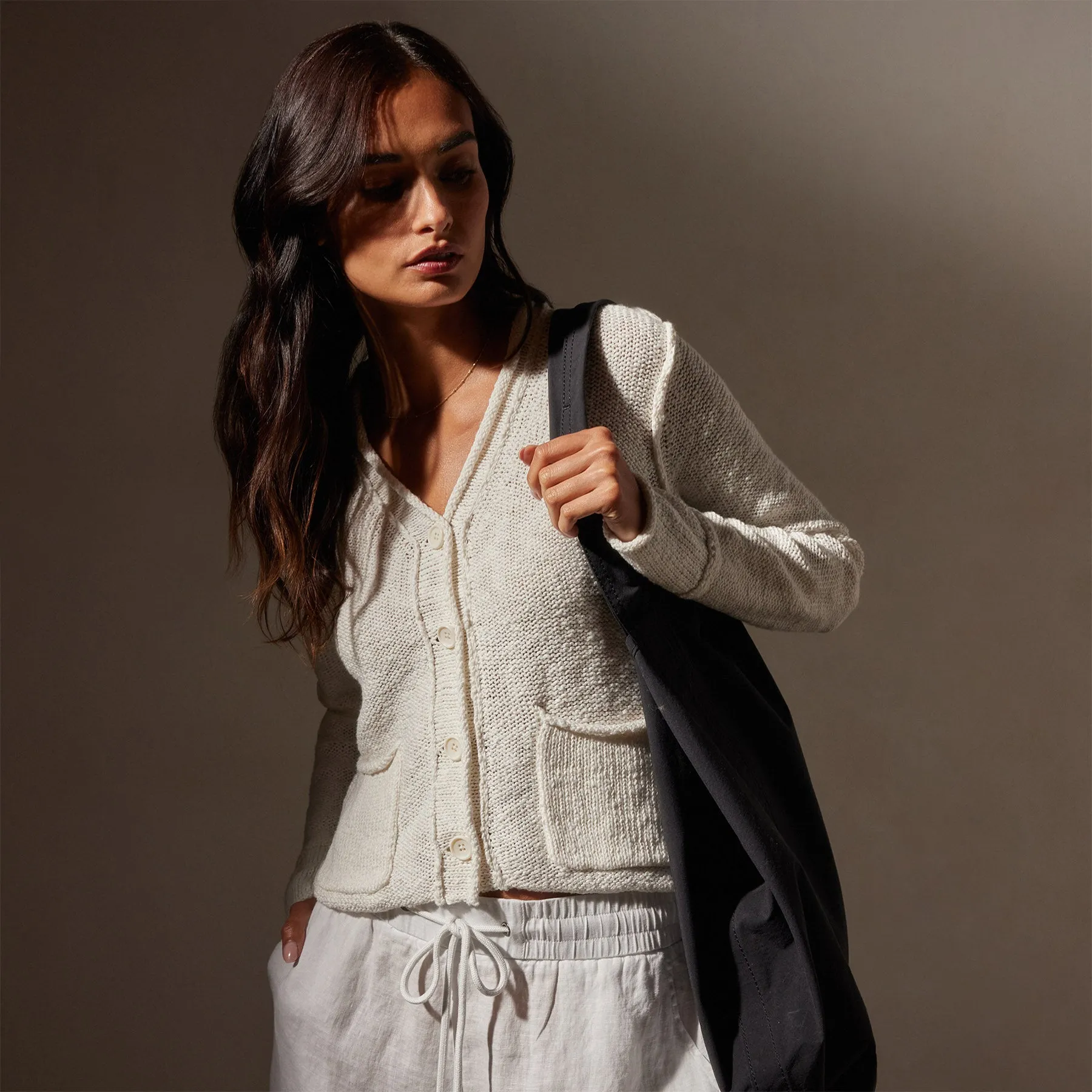 Cotton Linen Button Cardigan - White