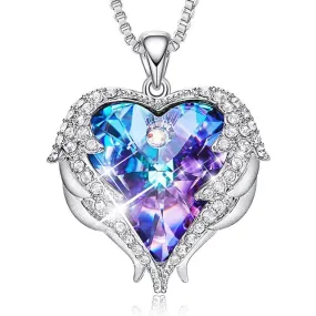 Crystal Heart Necklace- Crystal Purple Heart Necklace- Crystal Heart Angel Wings Necklace