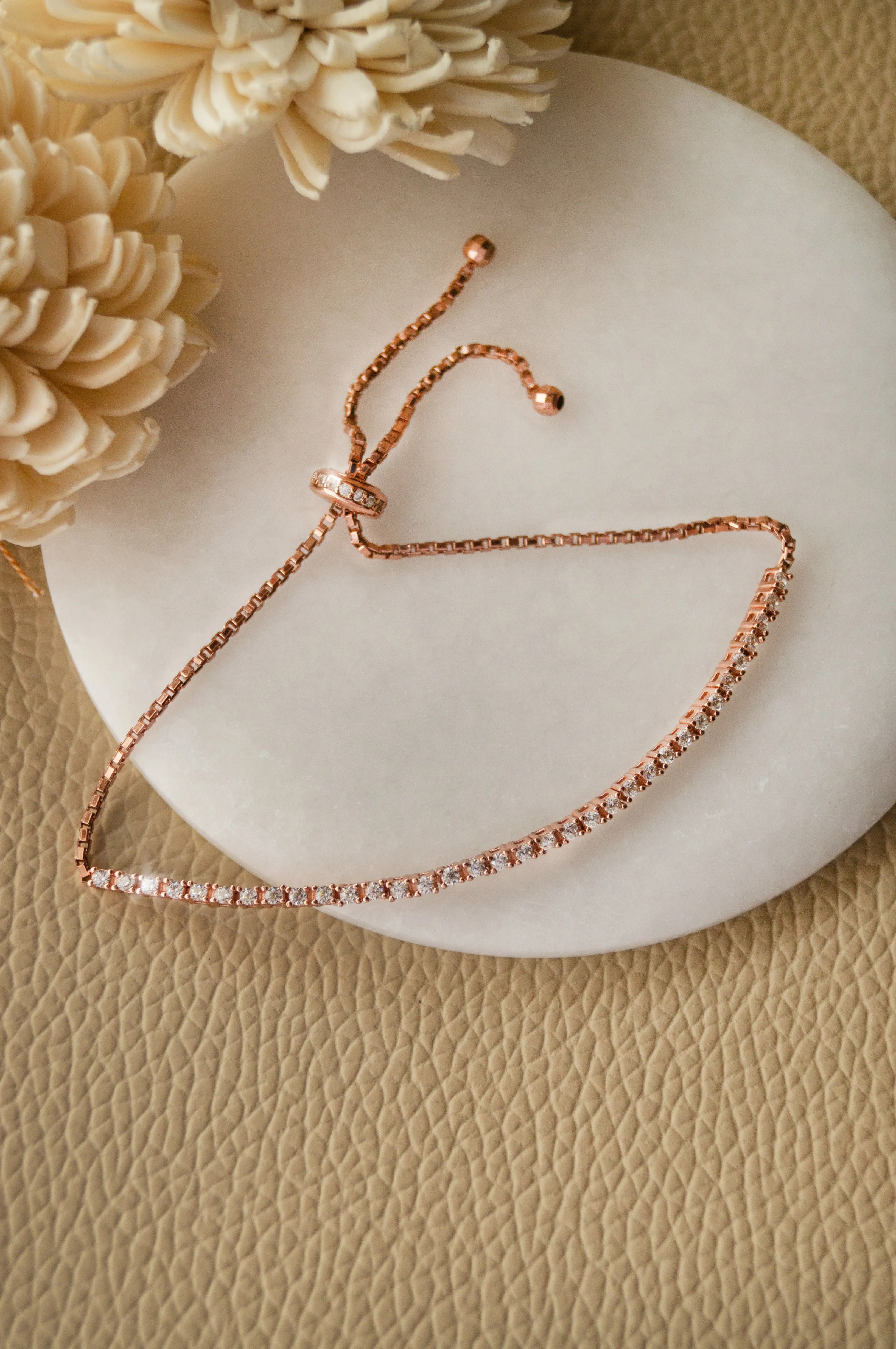 Dainty Tennis Rose Gold Plated Sterling Silver Pull Chain Bracelet