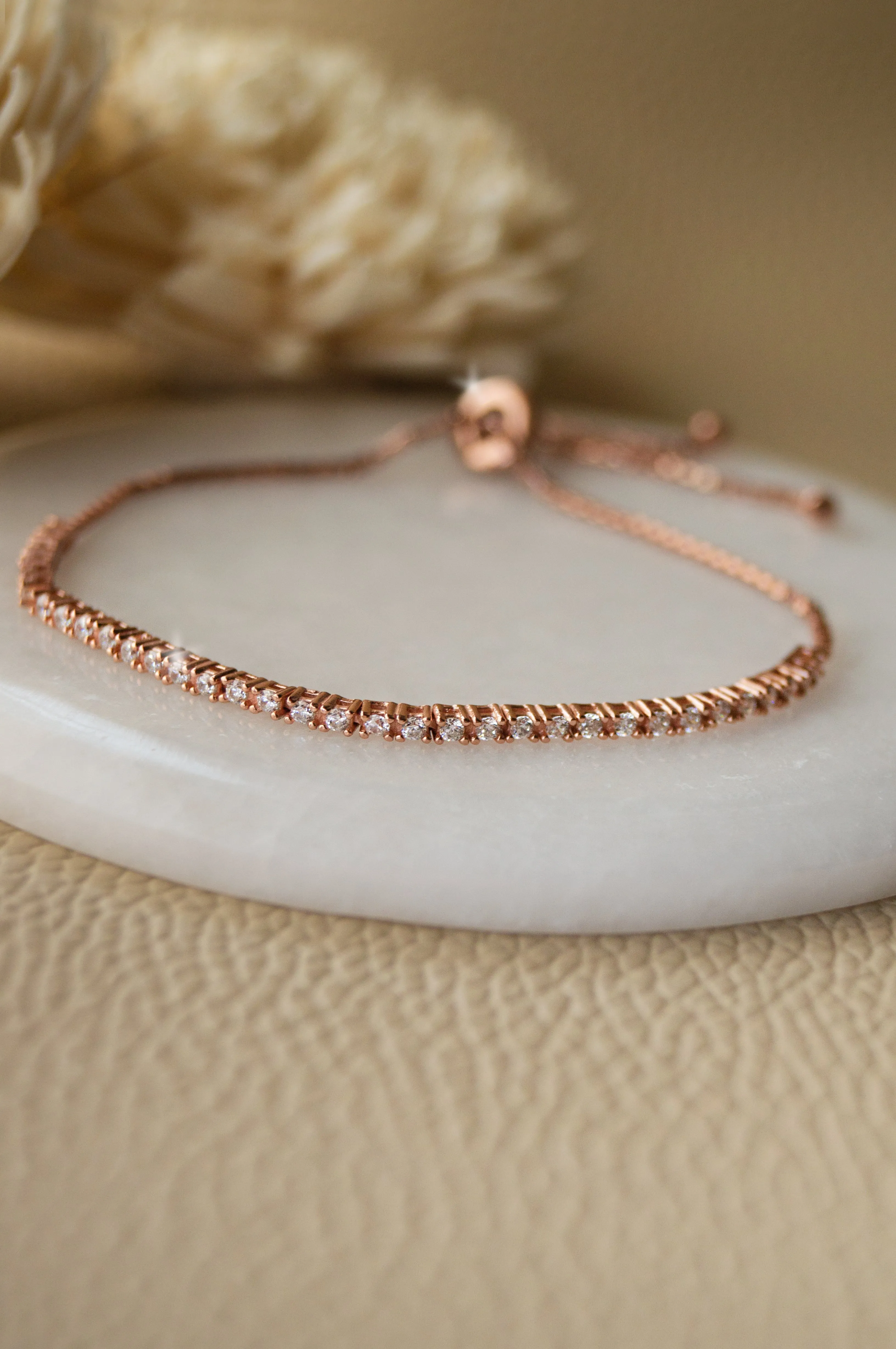 Dainty Tennis Rose Gold Plated Sterling Silver Pull Chain Bracelet