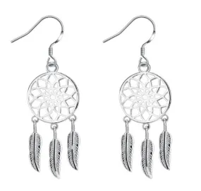 Dream Catcher Feathers Silver Earrings