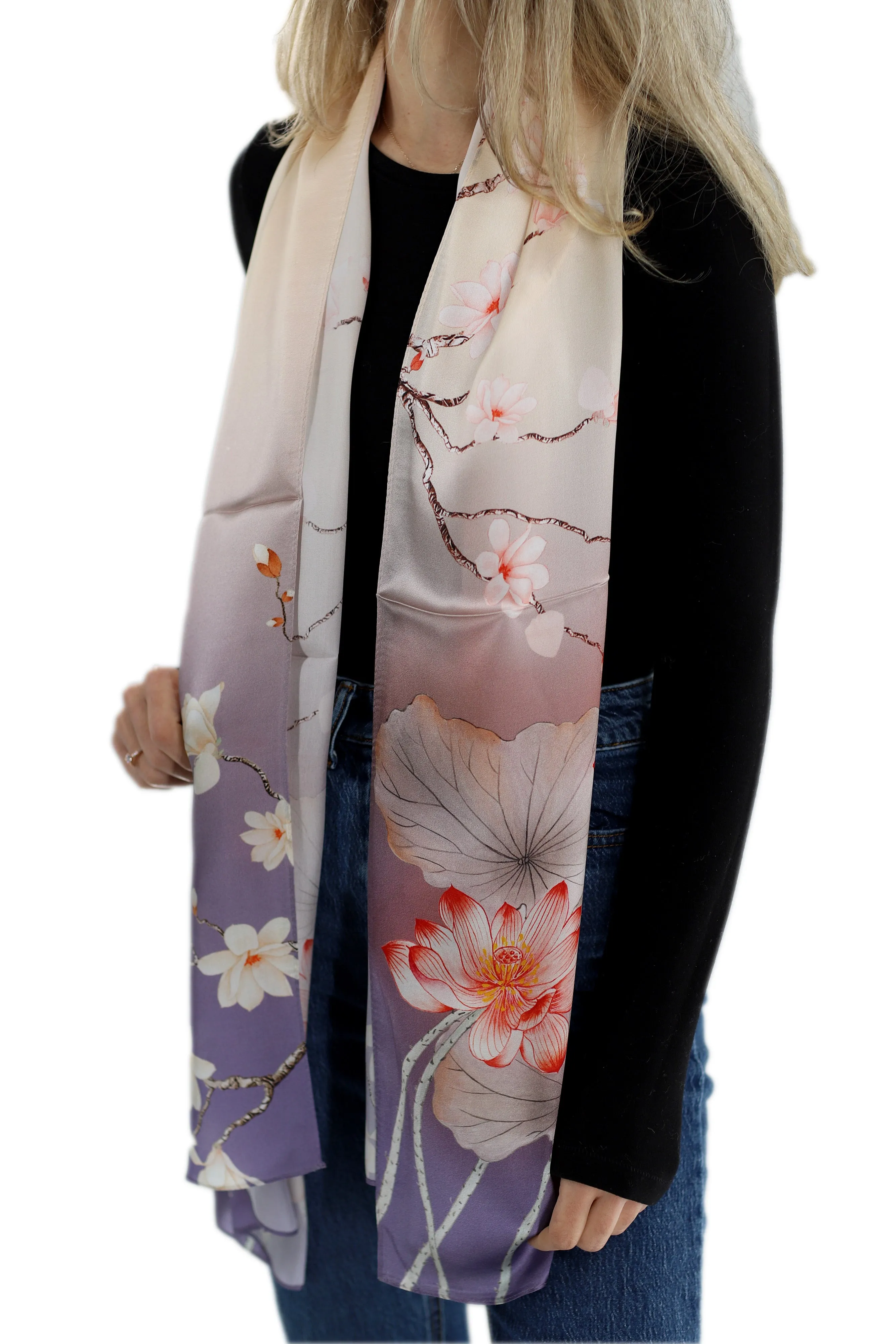 Elegant 100% Silk Floral Print Scarf - Purple - One Size (38x30in)