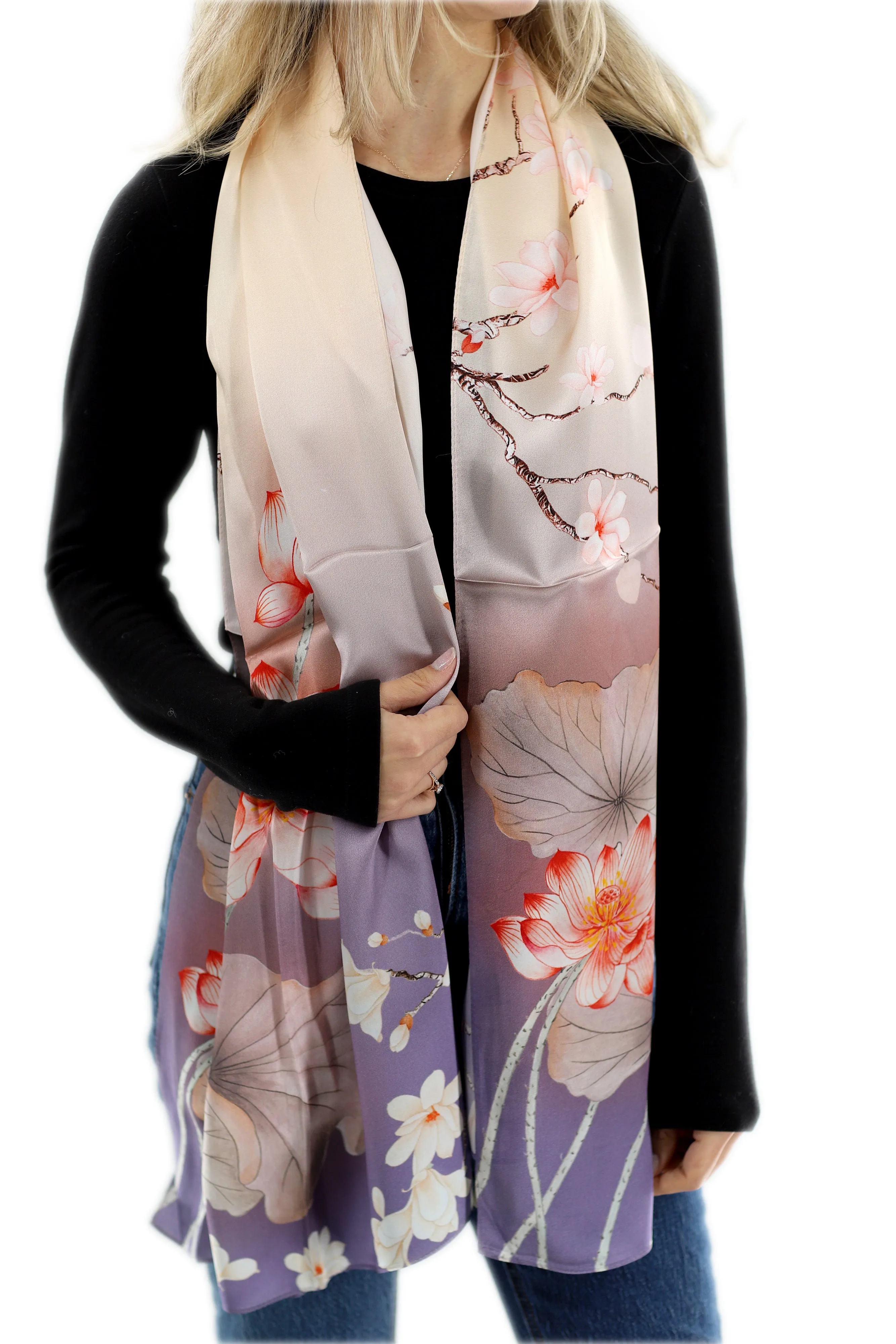 Elegant 100% Silk Floral Print Scarf - Purple - One Size (38x30in)