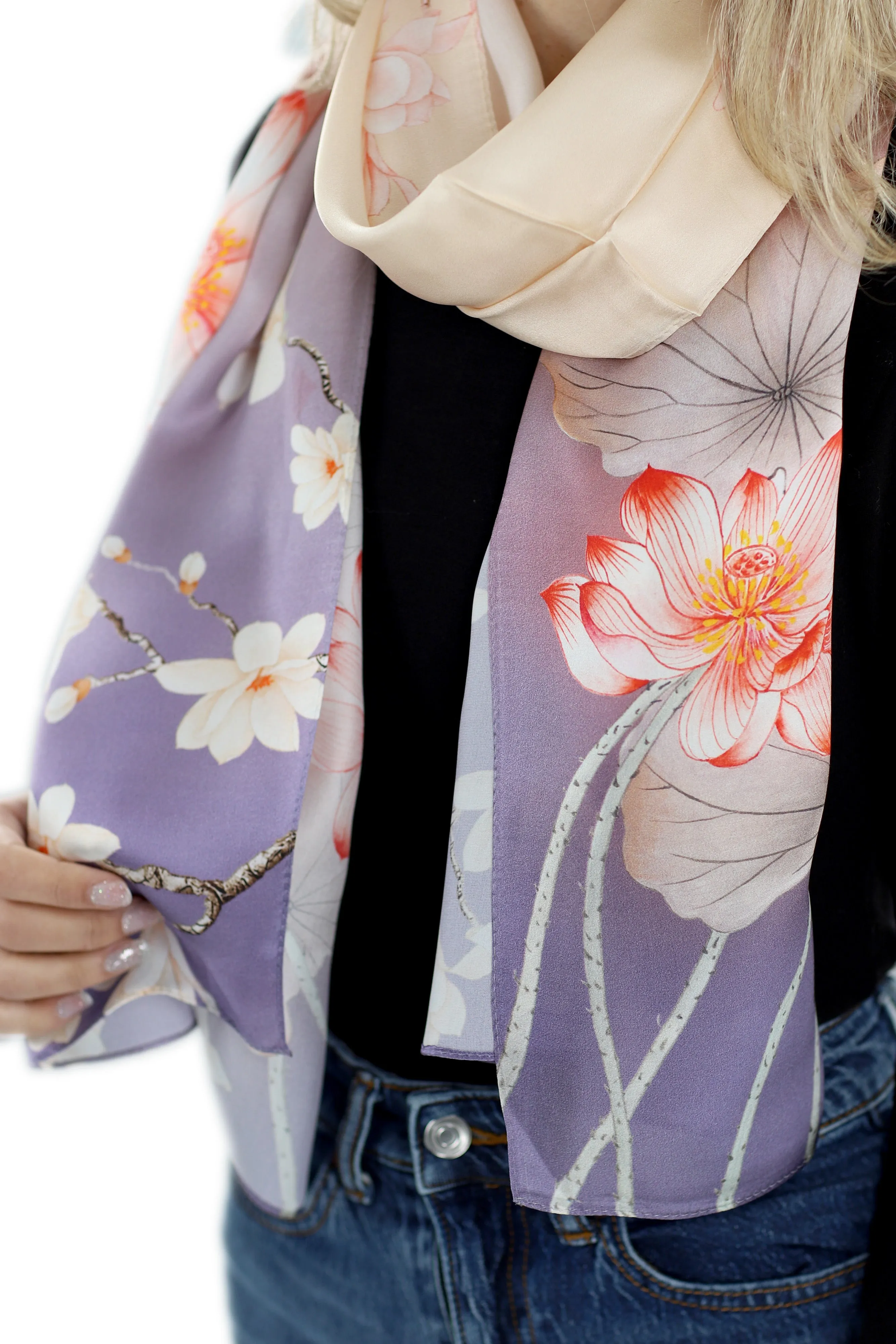 Elegant 100% Silk Floral Print Scarf - Purple - One Size (38x30in)