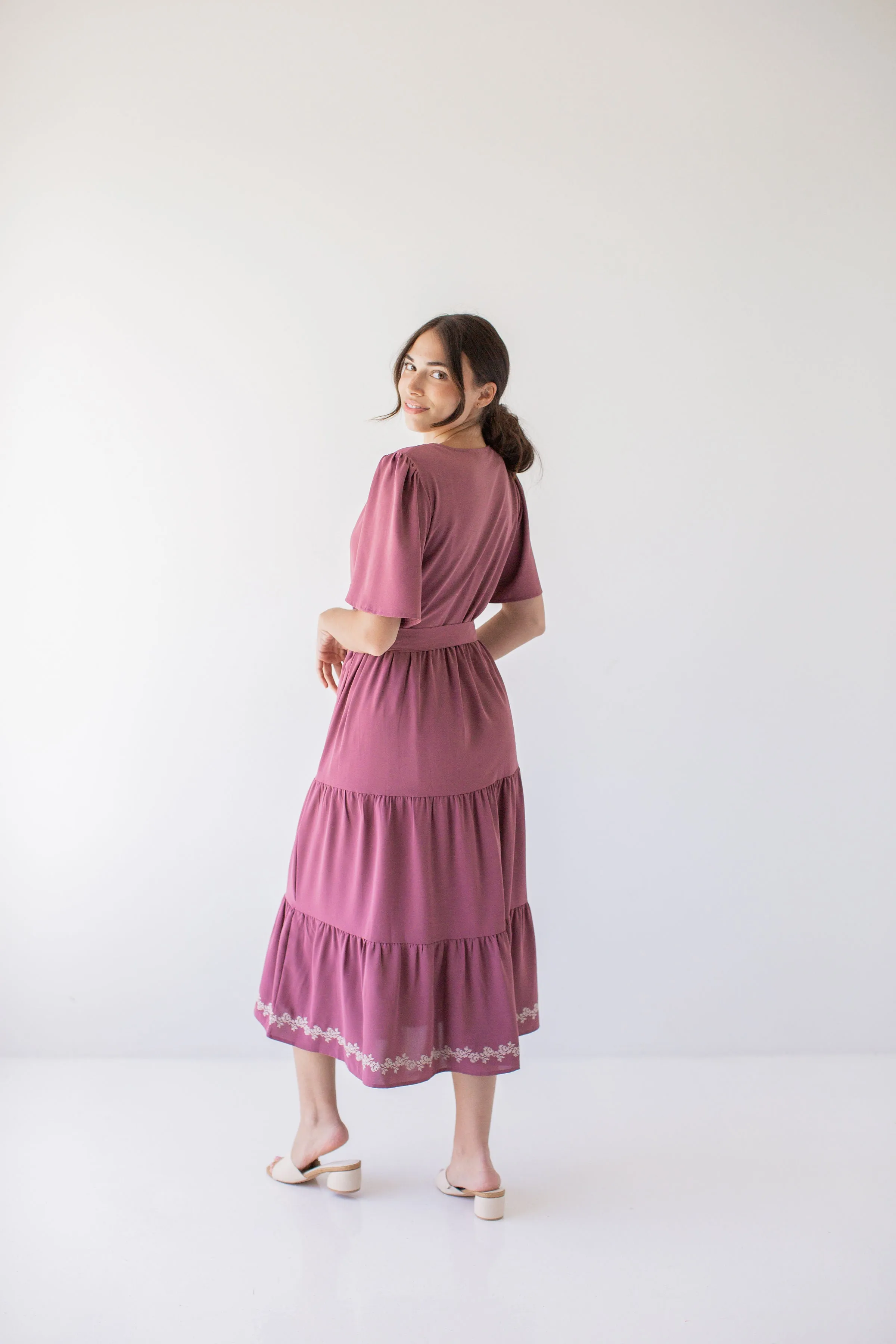 'Misti' Tiered Embroidered Detail Midi Dress in Dusty Plum