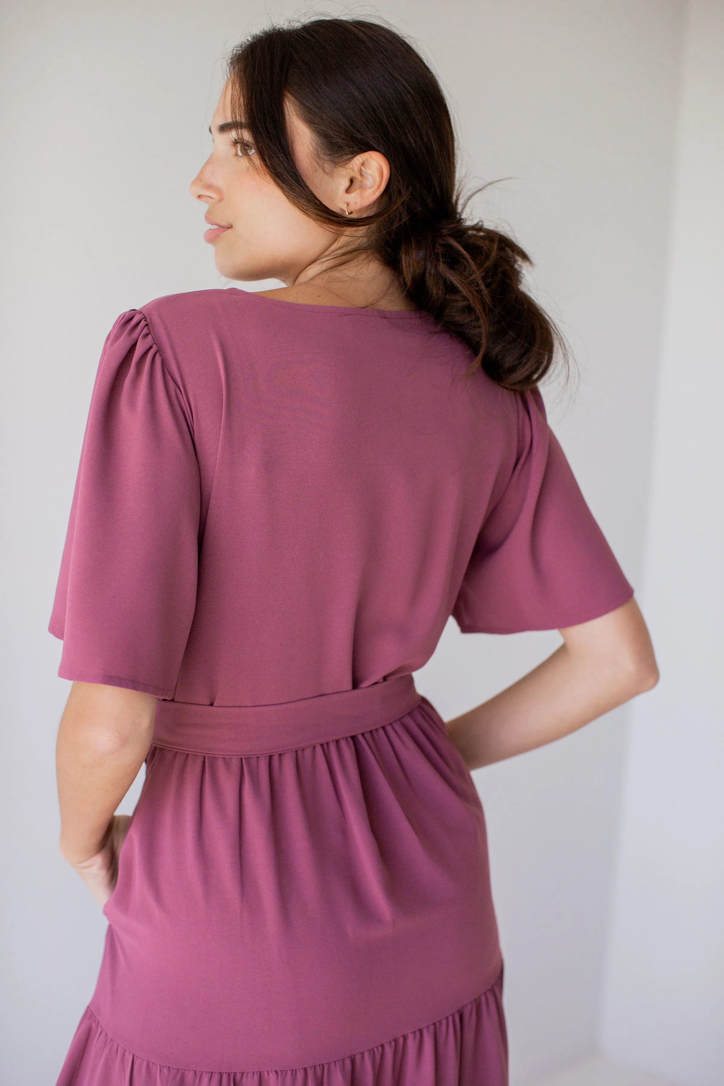 'Misti' Tiered Embroidered Detail Midi Dress in Dusty Plum