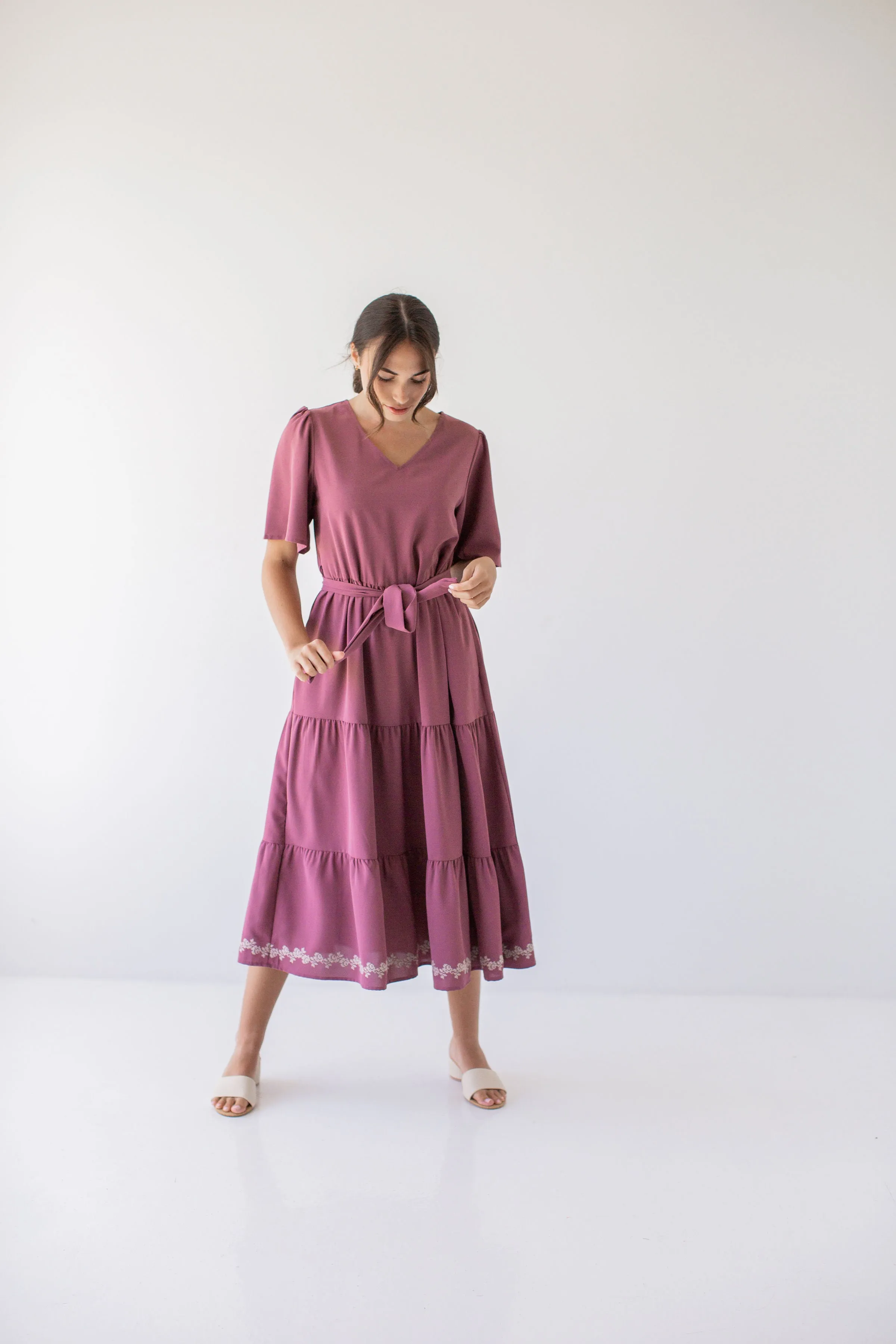 'Misti' Tiered Embroidered Detail Midi Dress in Dusty Plum