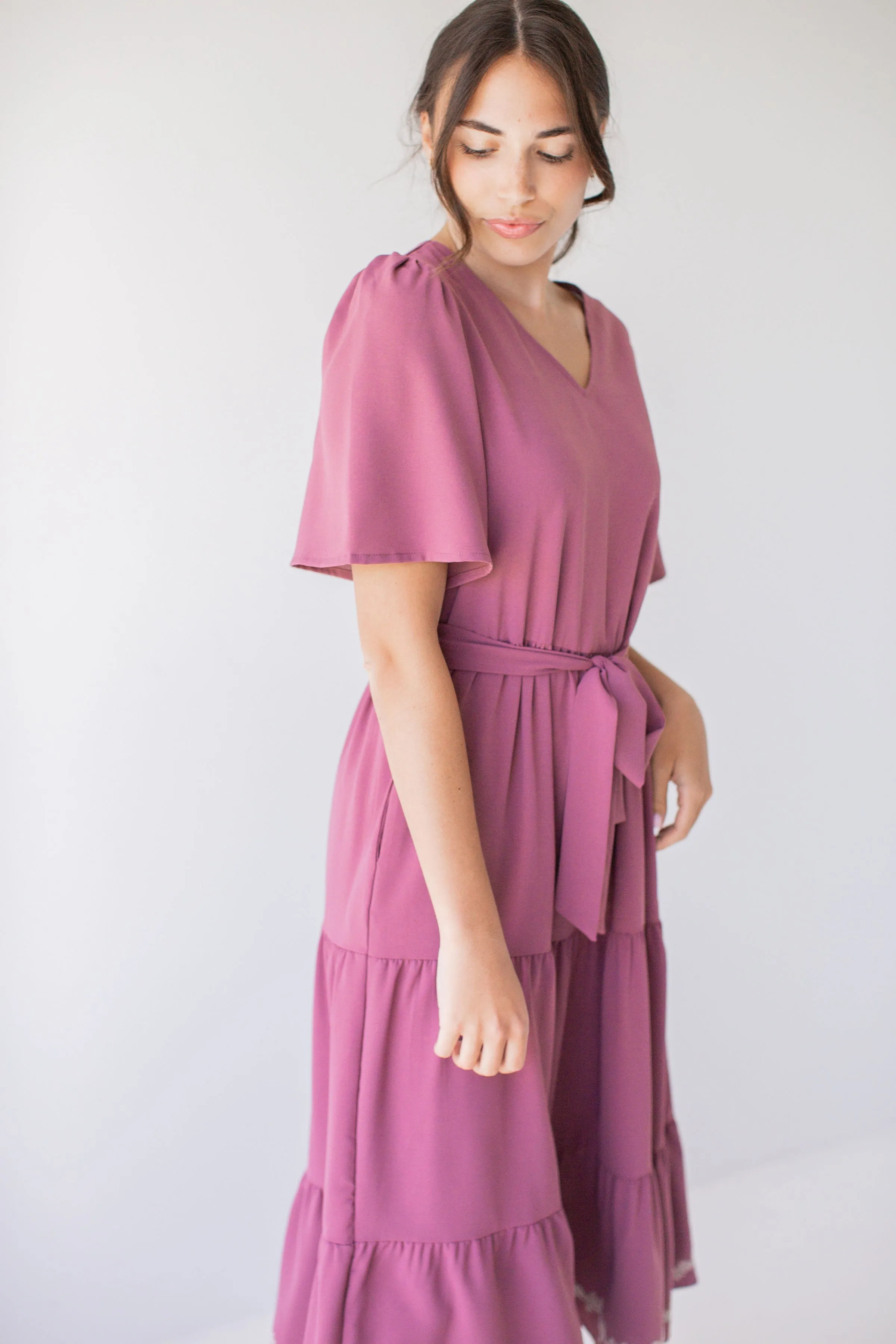 'Misti' Tiered Embroidered Detail Midi Dress in Dusty Plum