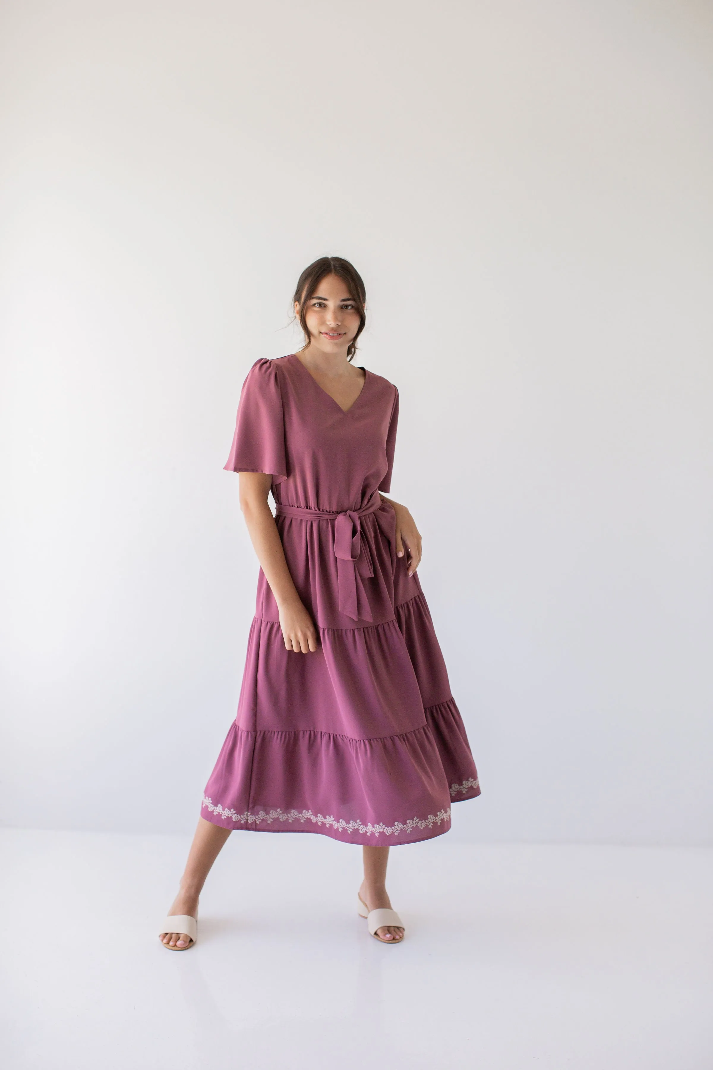 'Misti' Tiered Embroidered Detail Midi Dress in Dusty Plum