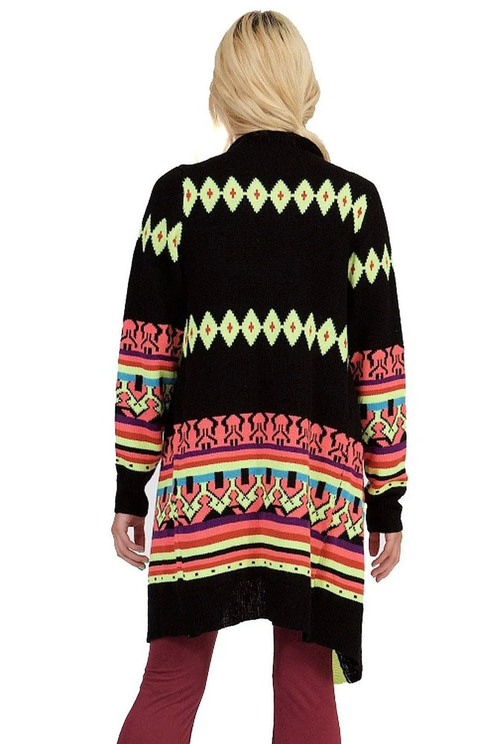 Neon Multi Colored Long Sleeve Open Front Long Cardigan Sweater