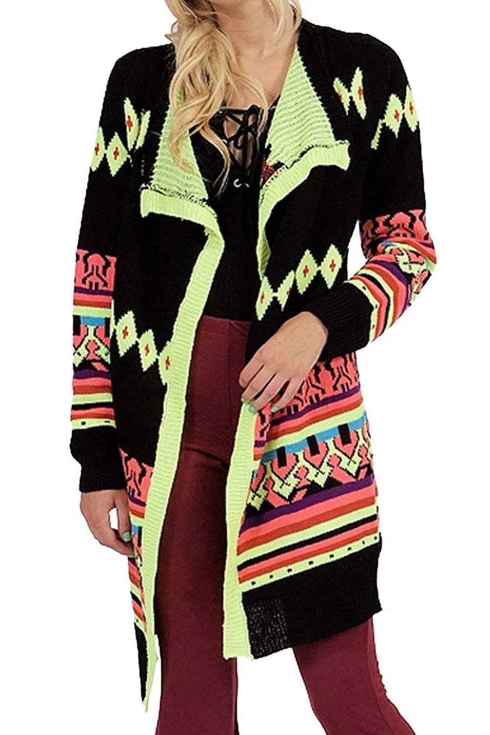 Neon Multi Colored Long Sleeve Open Front Long Cardigan Sweater