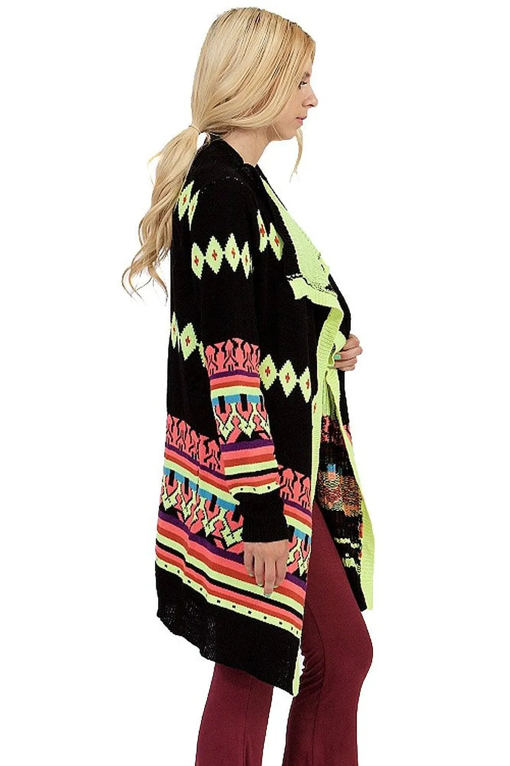 Neon Multi Colored Long Sleeve Open Front Long Cardigan Sweater