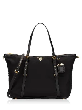 Prada Tessuto Nylon Saffiano Leather Black Top Zip Tote Bag