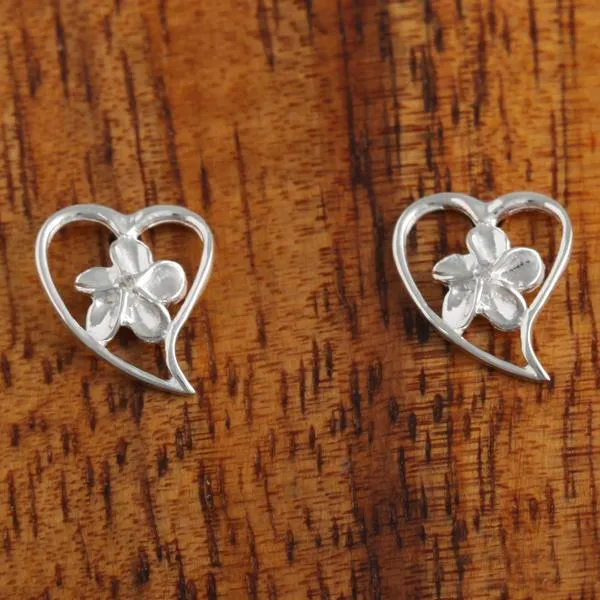 Sterling Silver 6mm Plumeria with CZ in Heart Post Earrings Shiny