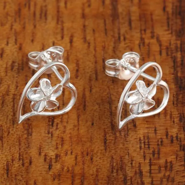 Sterling Silver 6mm Plumeria with CZ in Heart Post Earrings Shiny